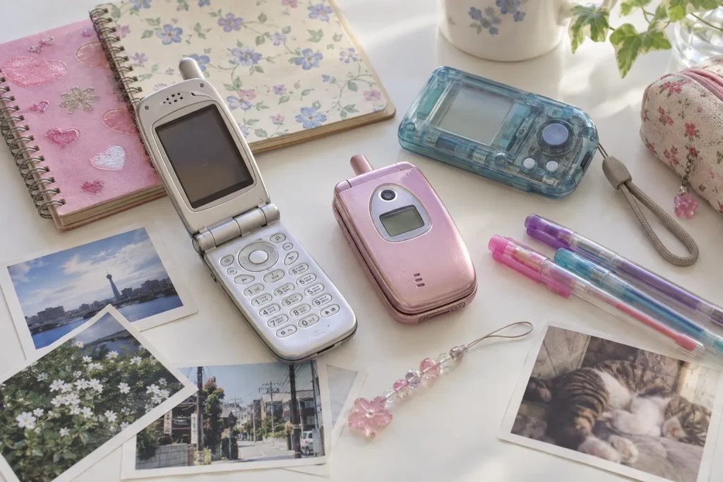 Heisei-era flip phones, translucent electronics, decorated stationery, and printed photographs