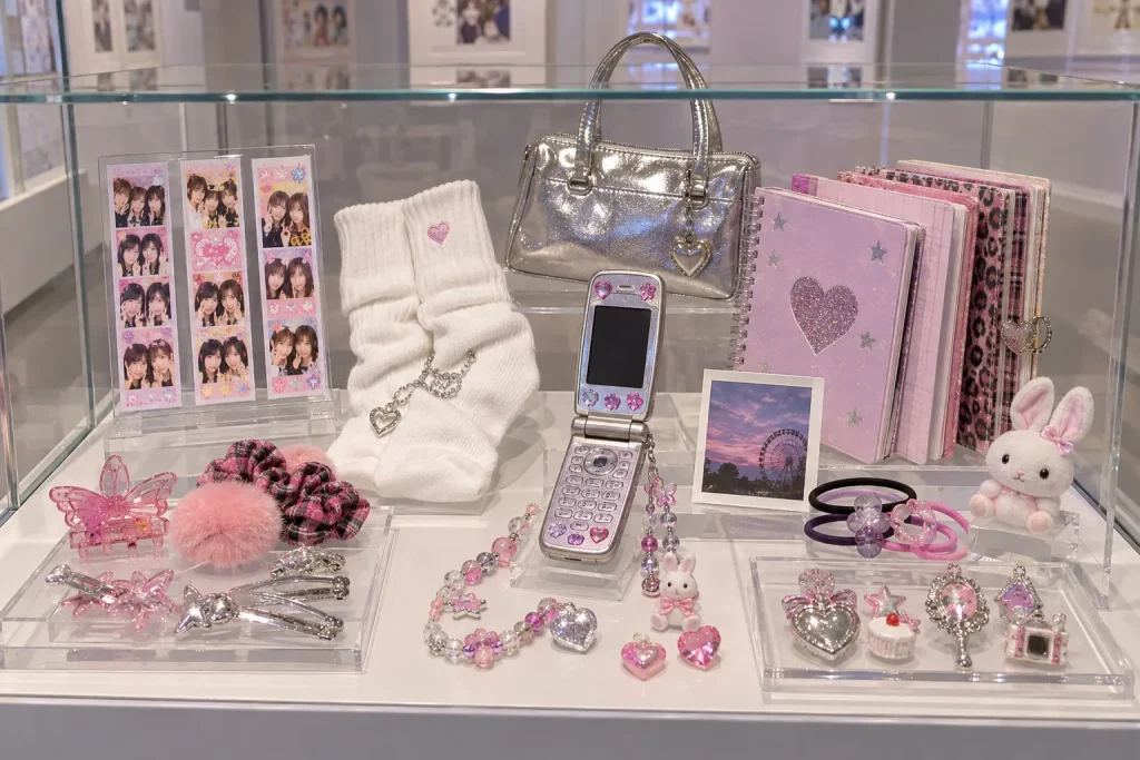 A modern display of purikura strips, loose socks, colorful hair accessories, and a decorated flip phone