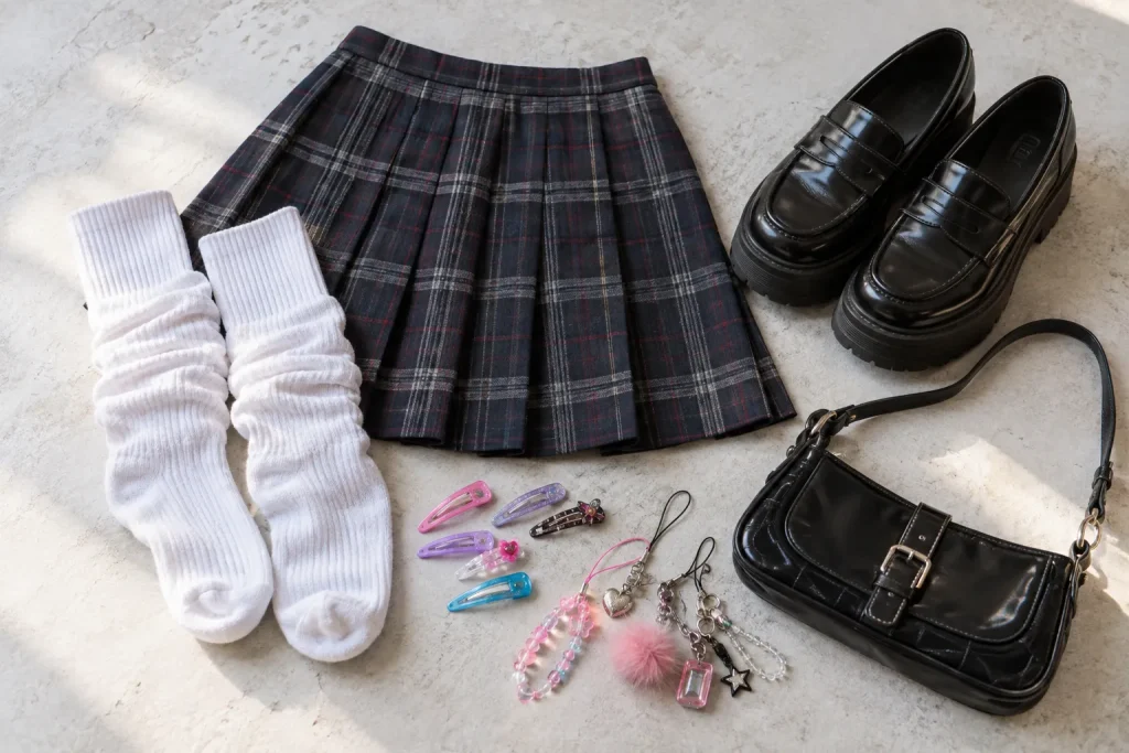 Loose socks, a pleated skirt, platform shoes, colorful clips, and a compact shoulder bag displayed as separate fashion objects