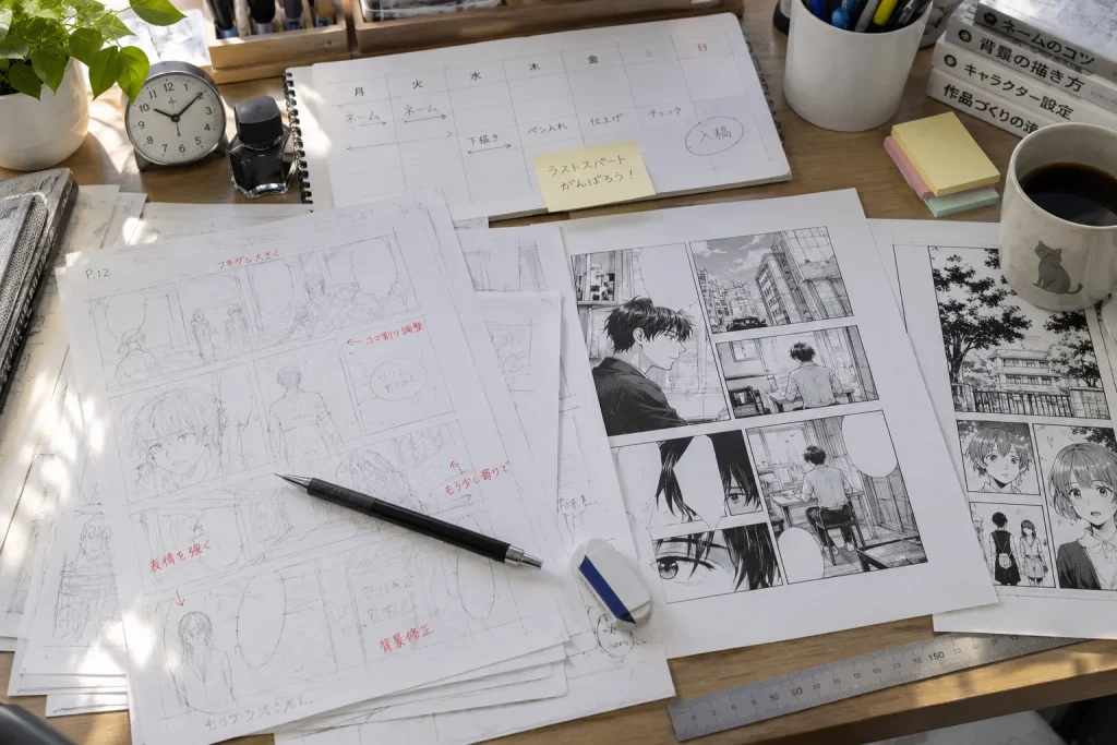 A manga editor’s desk with storyboard pages, marked proofs, pencils, and a publication calendar