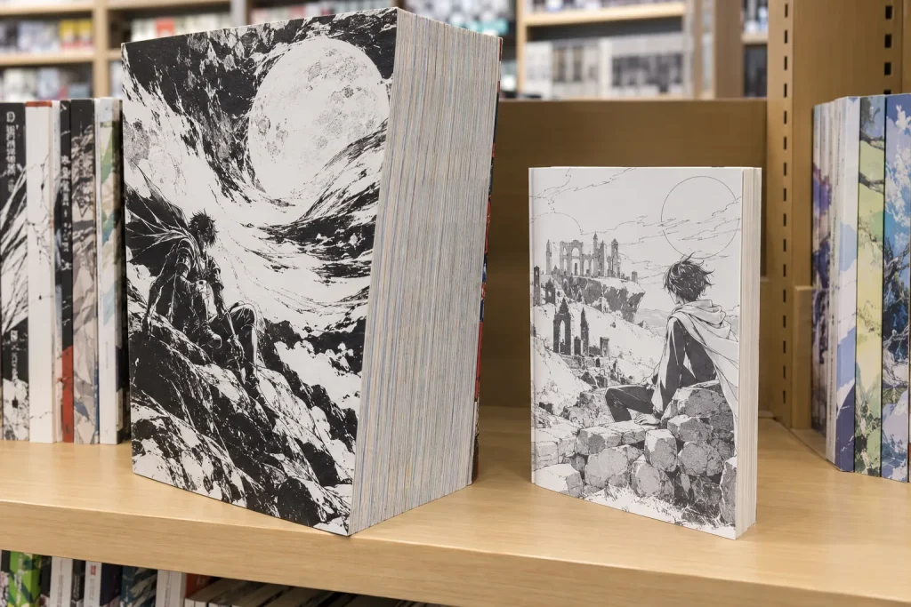 A thick weekly manga anthology beside one compact collected volume from a bookstore shelf