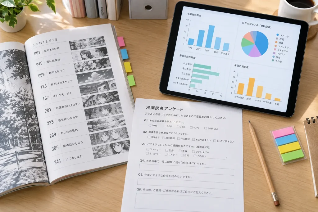 A printed manga questionnaire, digital reader-response screen, and issue table of contents on one editorial desk