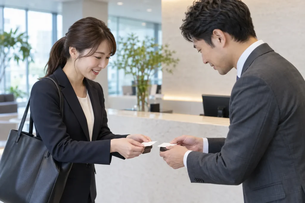 Coworkers exchanging business cards in a bright Japanese office reception area.