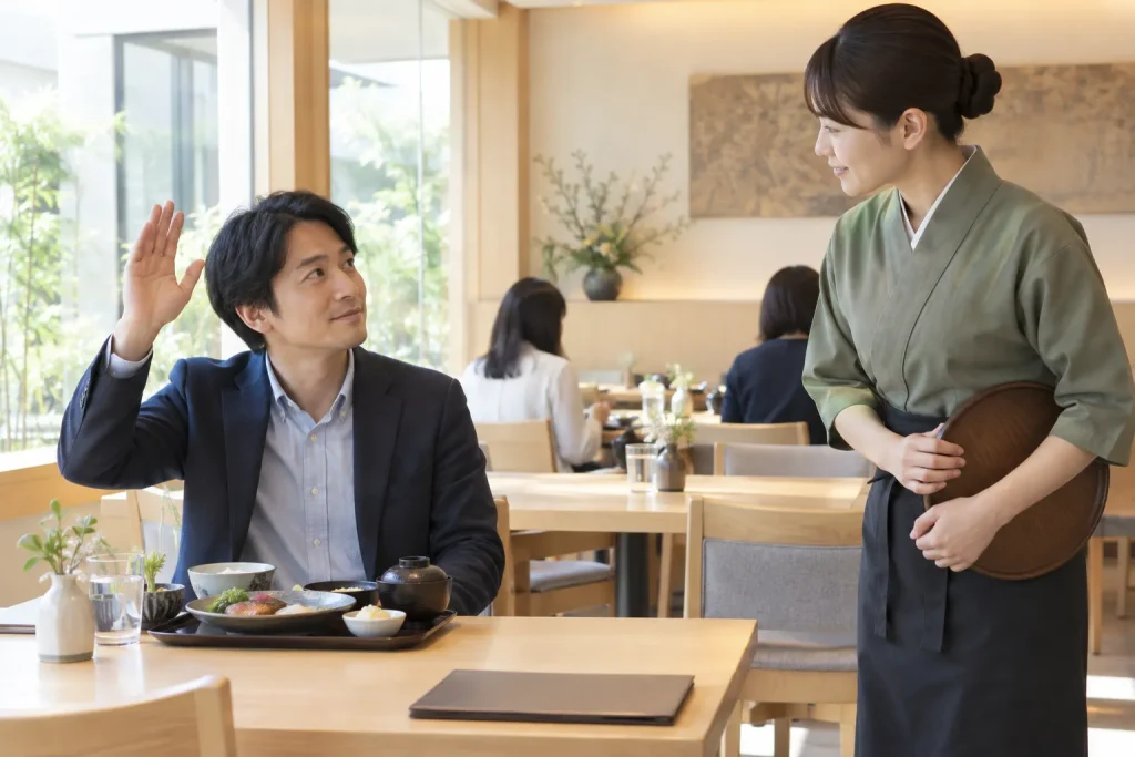 A restaurant guest politely raising a hand to get a server’s attention in a bright, contemporary Japanese dining room.