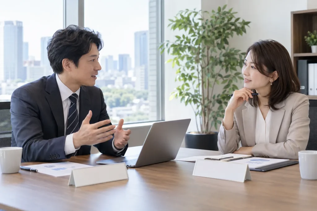 Two Japanese coworkers speaking across a meeting table, with nameplates and organizational roles visible but no readable text.