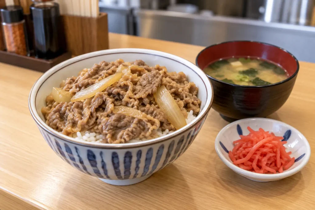 A regular gyudon bowl with miso soup and a visible tabletop menu showing no readable prices.