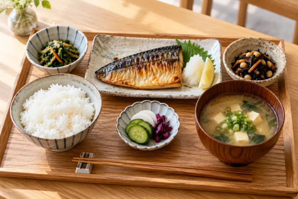 A bright Japanese set lunch with grilled fish, rice, soup, pickles, and small side dishes.
