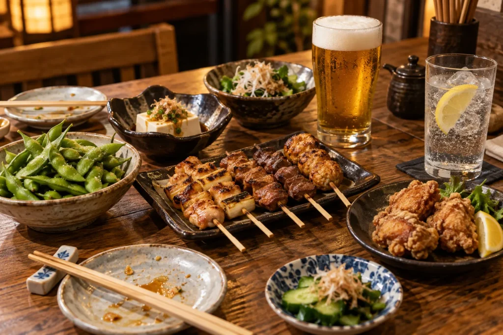 Several individually ordered izakaya dishes and drinks arranged naturally on one wooden table.