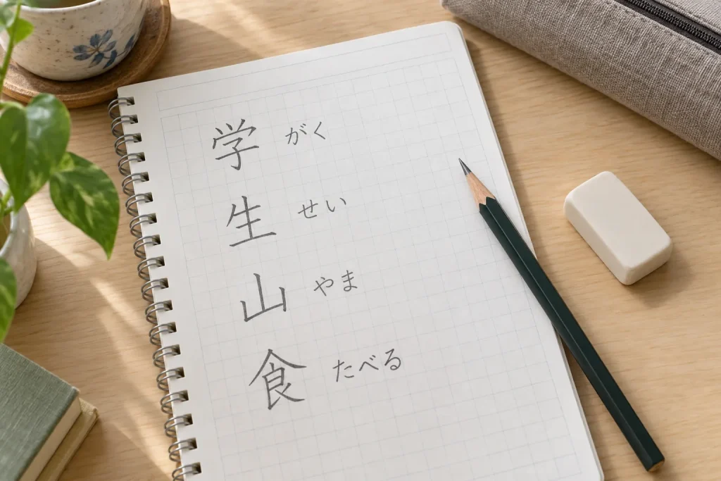 A Japanese study notebook comparing the readings of 学, 生, 山, and 食.