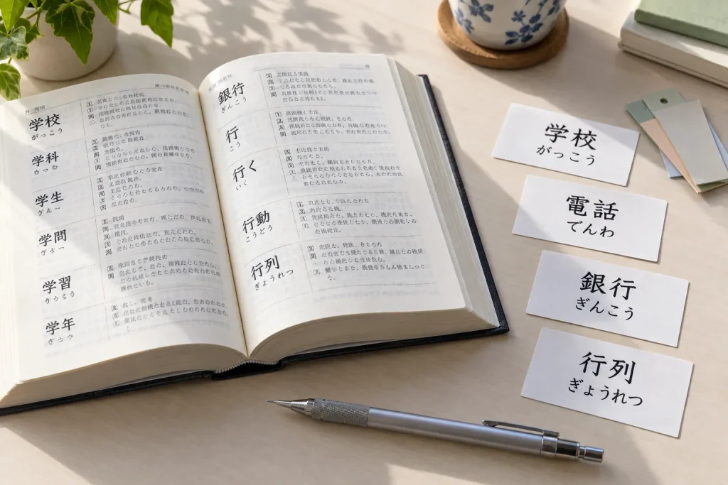 An open Japanese dictionary beside vocabulary cards for 学校, 電話, 銀行, and 行列.