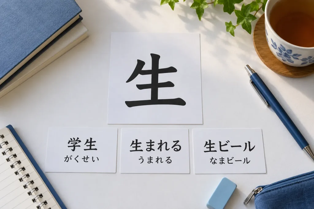 Vocabulary cards arranged around the kanji 生 with the words 学生, 生まれる, and 生ビール.