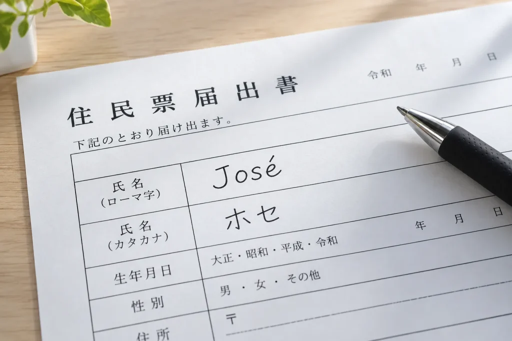 A Spanish passport, a Japanese name form, and a handwritten katakana rendering of José shown together on a bright desk