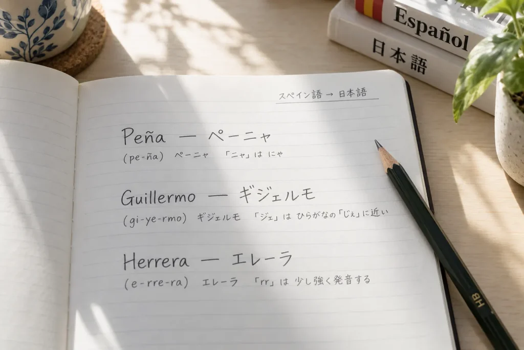 A language notebook showing Peña, Guillermo, and Herrera beside their katakana forms, photographed in soft daylight]