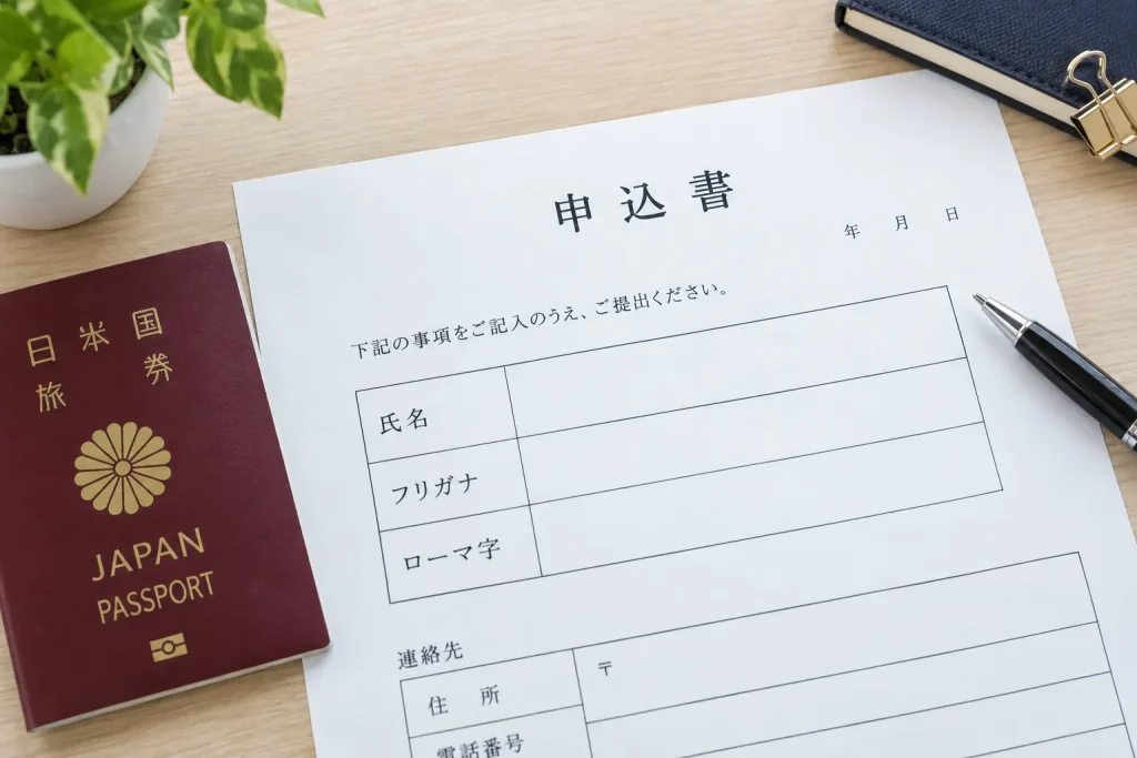 A Japanese form with separate fields for katakana, Latin letters, and full legal name, with a pen beside it