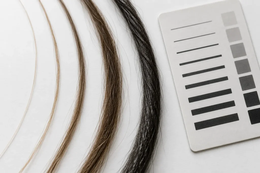 Hair strands of different diameters viewed beside a salon hair-analysis card
