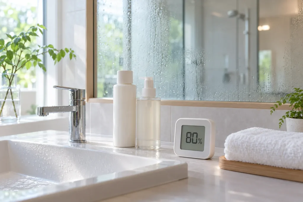 Hair-care products beside a hygrometer during a humid Japanese summer morning