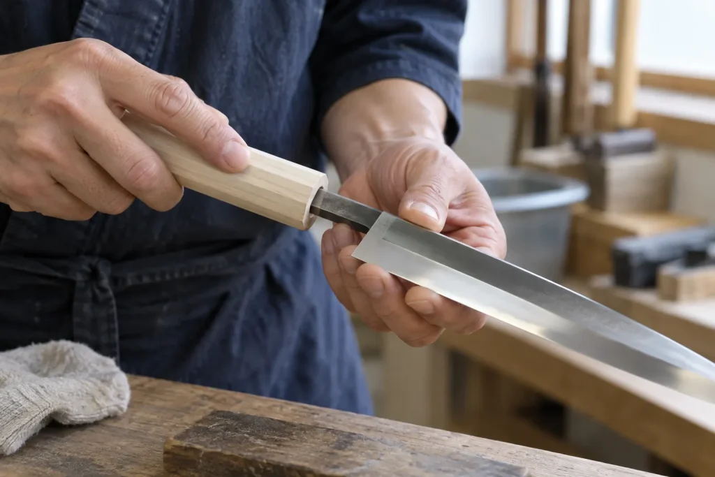 A craftsperson aligning and fitting a wooden handle onto a finished single-bevel knife
