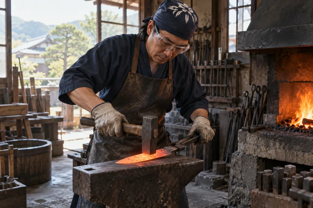 A Sakai smith heating and hammering one laminated kitchen-knife blank at the forge