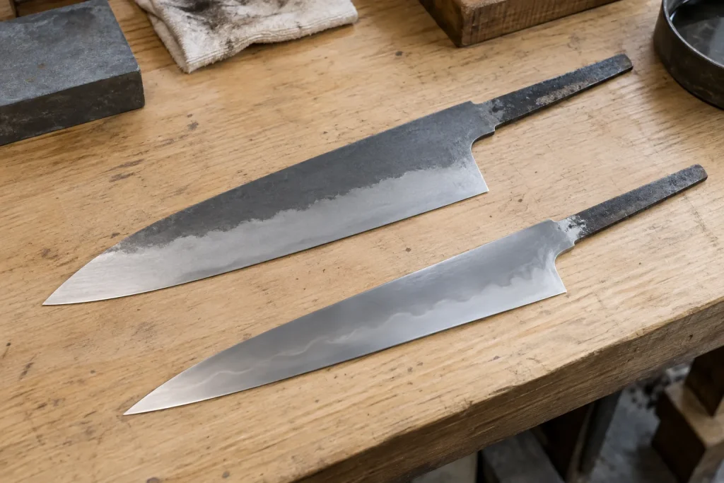 An unfinished laminated kasumi blade and a single-steel honyaki blank displayed on a clean inspection bench