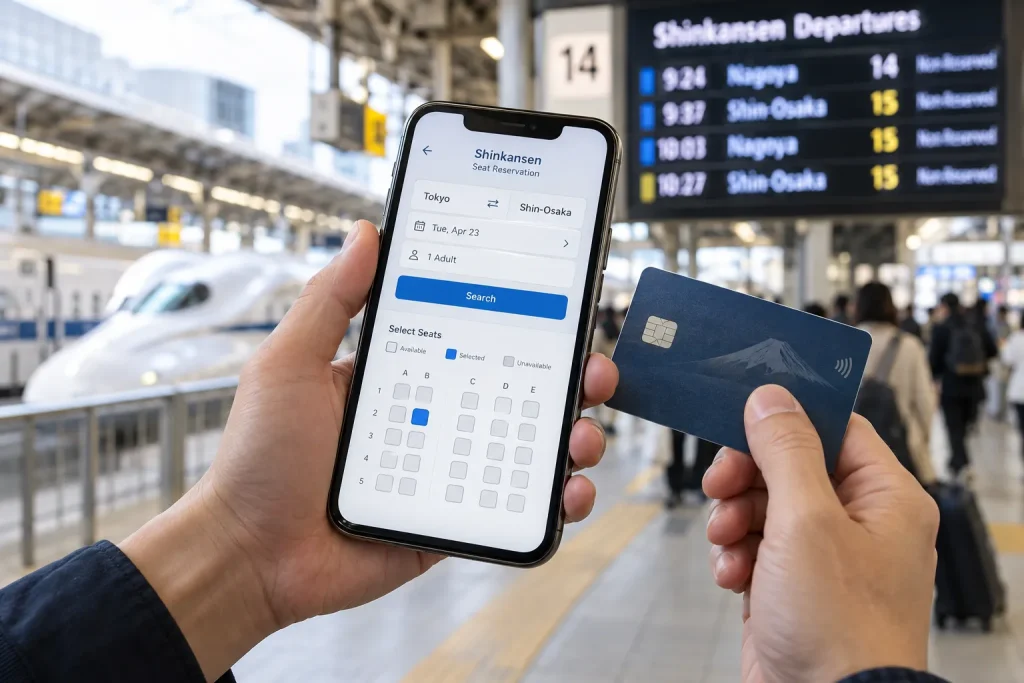  A SmartEX reservation screen beside a foreign credit card and a Shinkansen departure board