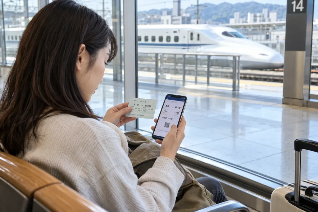 A traveler comparing a SmartEX fare screen with an ordinary Shinkansen paper ticket