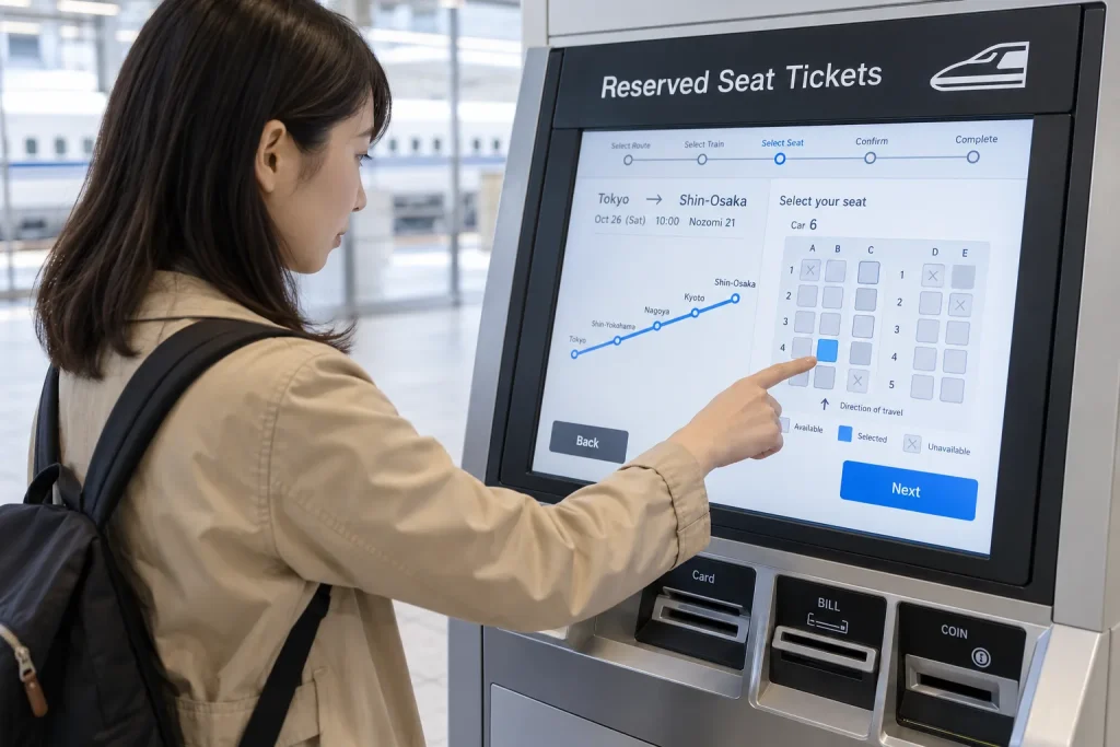 An English-language reserved-seat ticket machine at a Japanese railway station