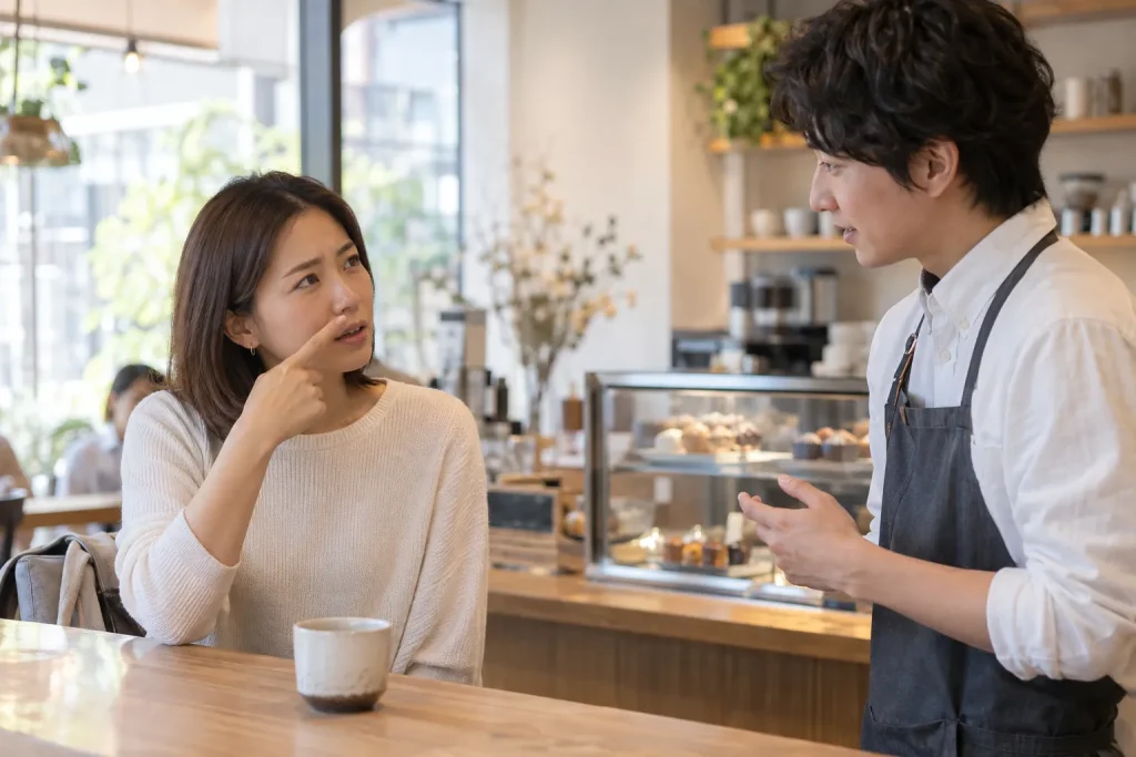 A café customer pointing gently toward the nose after realizing that a staff member is addressing them.