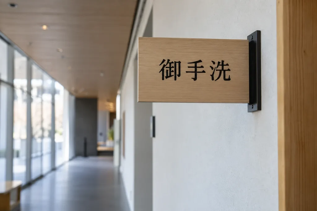  The complete expression 御手洗 photographed on a clear Japanese sign.