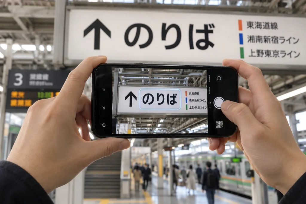 A phone camera recognizing the full Japanese expression while preserving the surrounding sign.