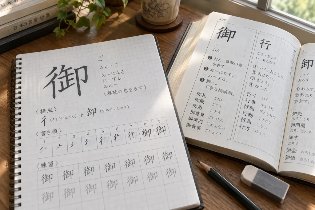 The character 御 broken into visible components and individual strokes in a paper notebook.