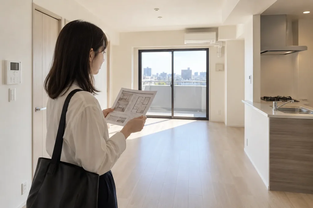 A Japanese 1LDK floor plan with the separate room, living-dining area, kitchen, bath, toilet, entrance, and balcony clearly visible.