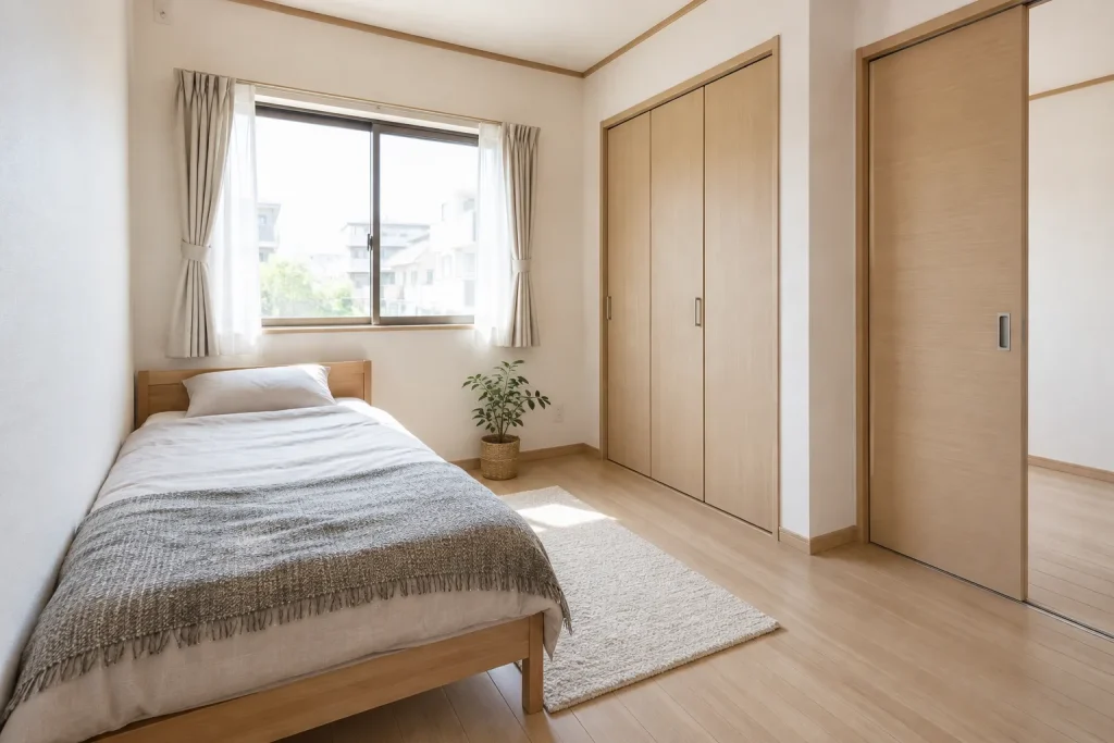  An unfurnished Japanese room showing its jō measurement alongside the total dimensions in meters.