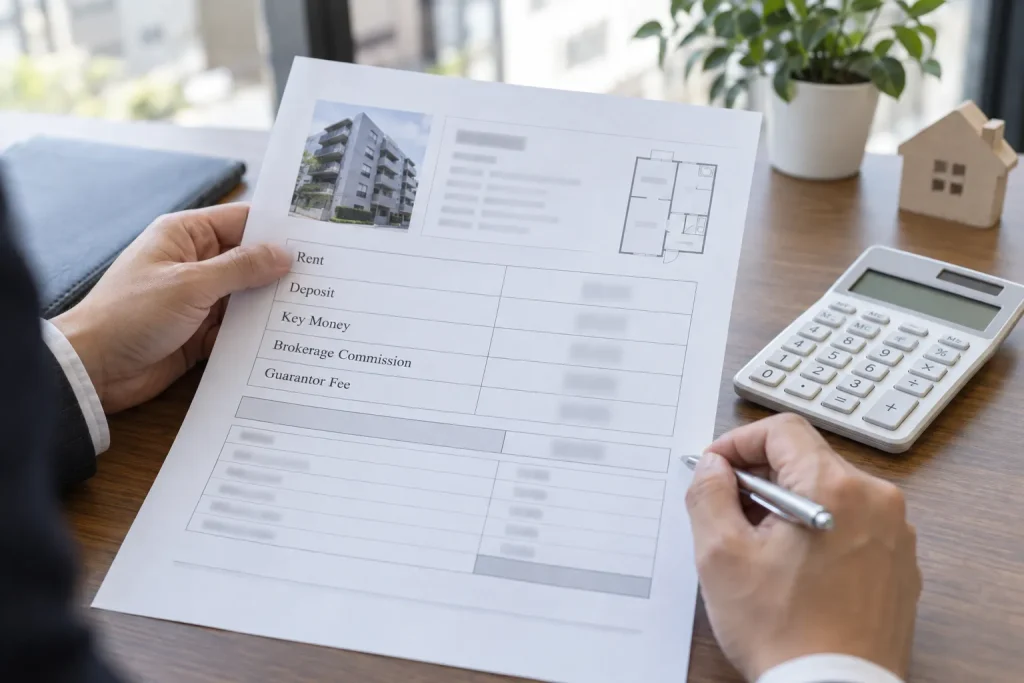 An itemized Japanese apartment move-in estimate showing rent, deposit, key money, commission, guarantee, insurance, and lock charges.