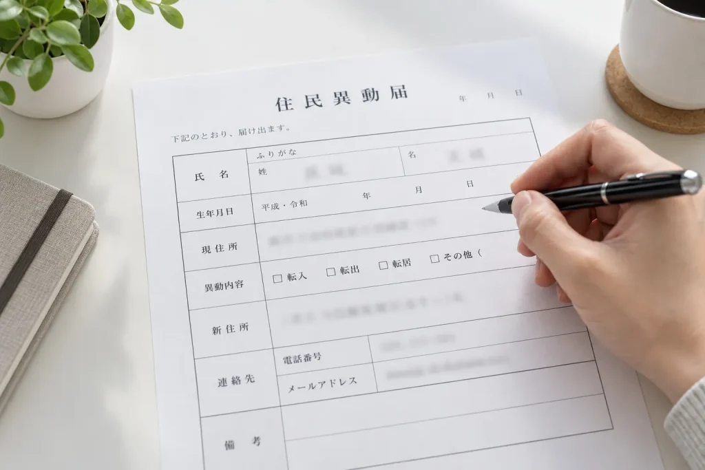 Japanese municipal form showing separate family-name, given-name, and furigana fields, with all personal details fictional and unreadable