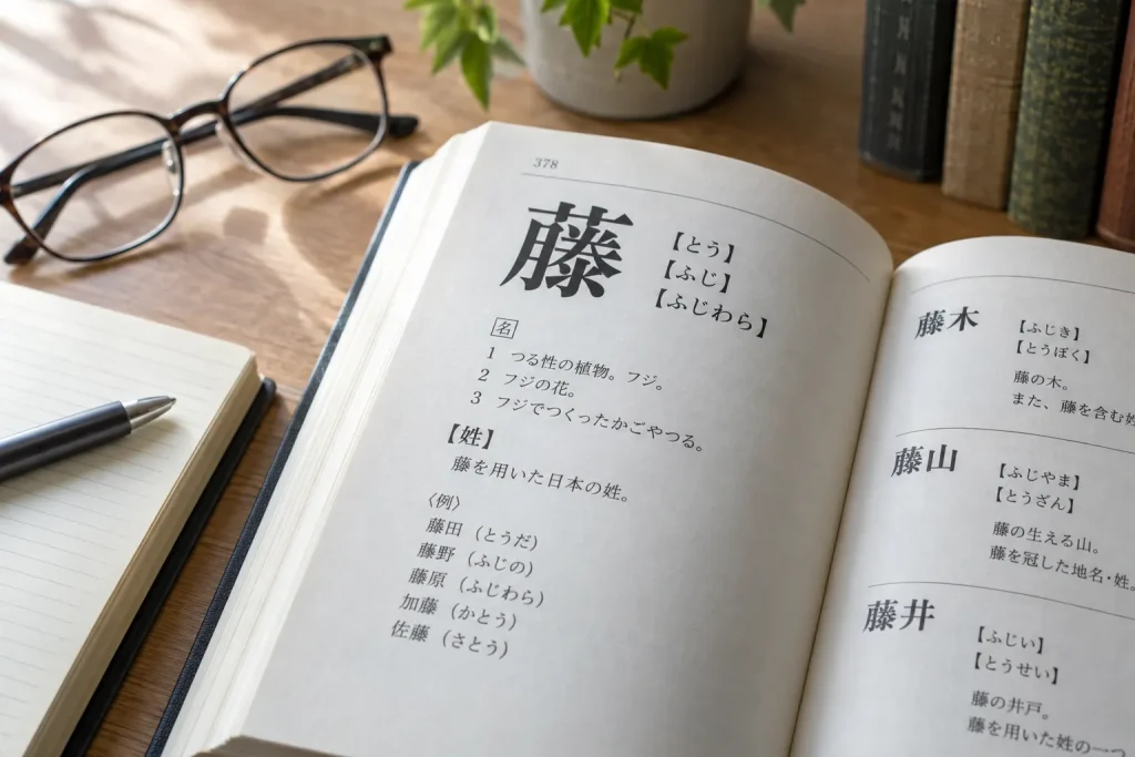 Open Japanese name dictionary beside a handwritten name card, with several kana readings listed for the same kanji surname