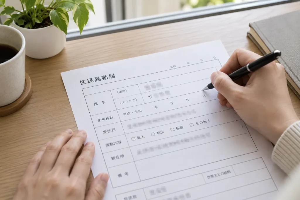 Close overhead view of a pen filling in matching kanji and katakana name fields on a clean Japanese application form