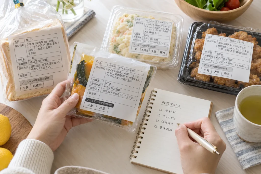Packaged Japanese foods with ingredient and allergen statements visible on the back labels