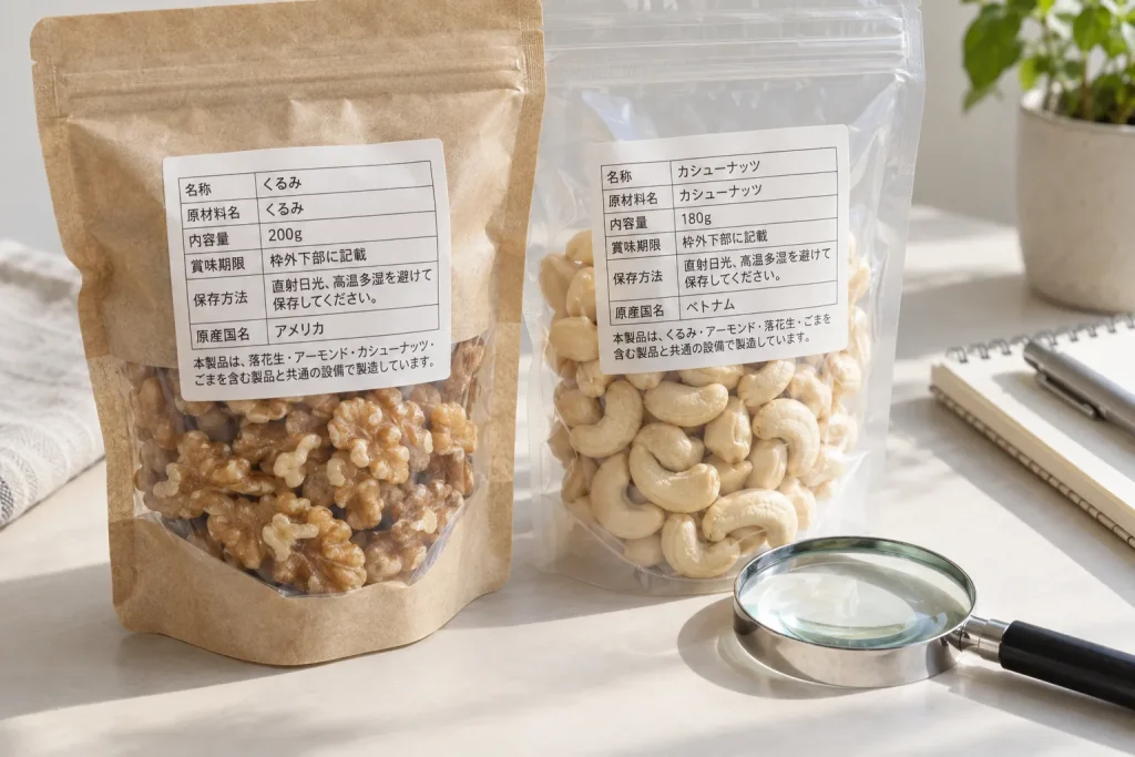 Walnut and cashew products beside current Japanese packaged-food labels