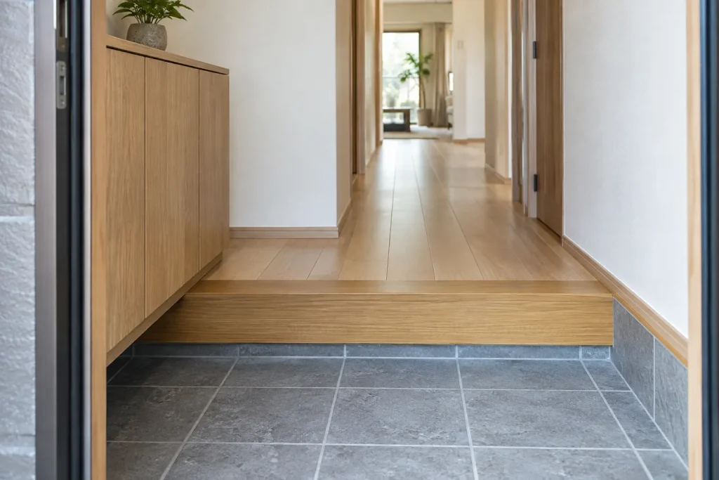 Lower tiled genkan floor, wooden agarikamachi sill and raised interior hallway