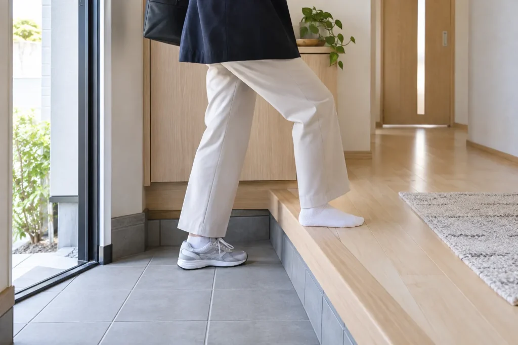 Visitor stepping from outdoor shoes on the lower tile directly onto the raised wooden floor