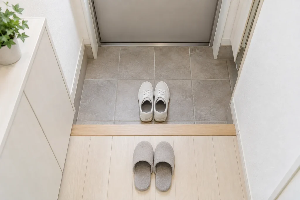 Neatly aligned outdoor shoes facing the front door beside indoor slippers on the raised floor