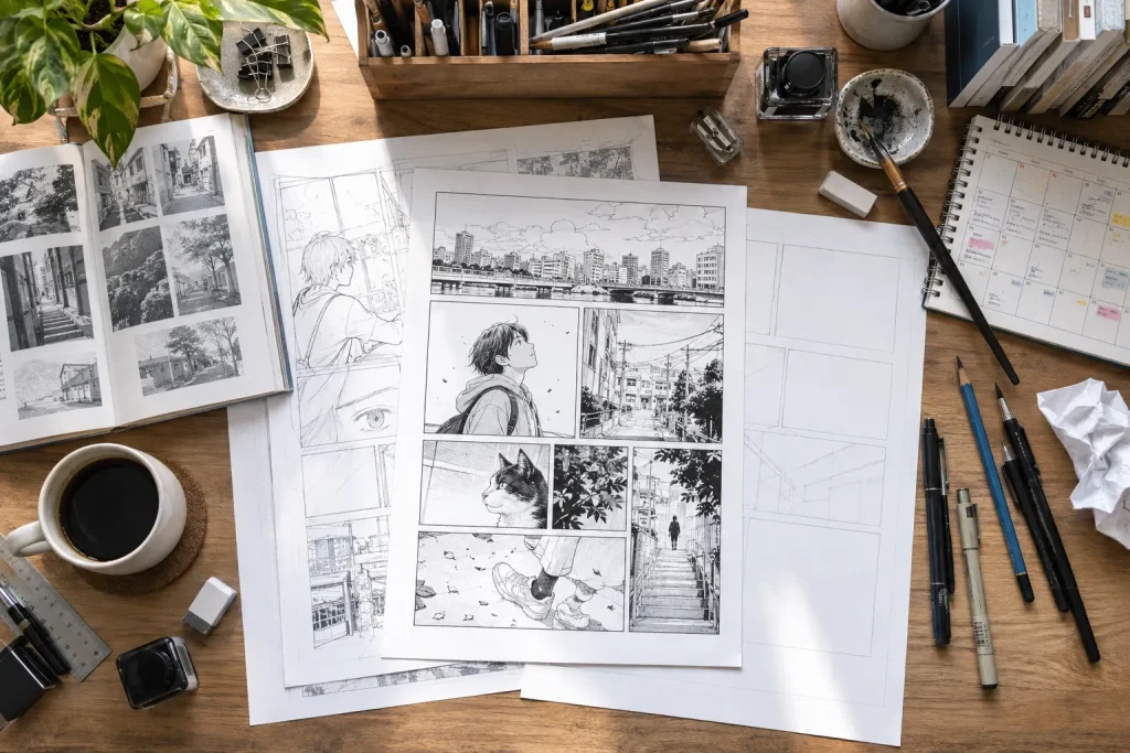 Manga artist’s bright studio desk with manuscript sheets, pencils, reference books, and a weekly production calendar
