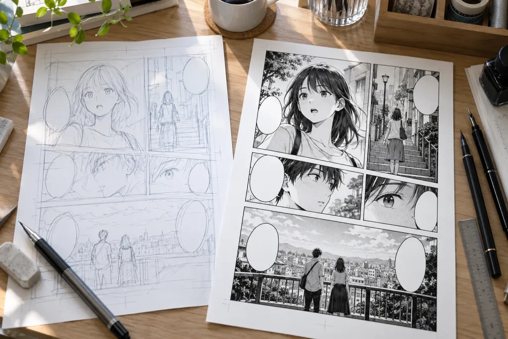 Rough manga storyboard pages beside a more finished manuscript page on the same studio desk