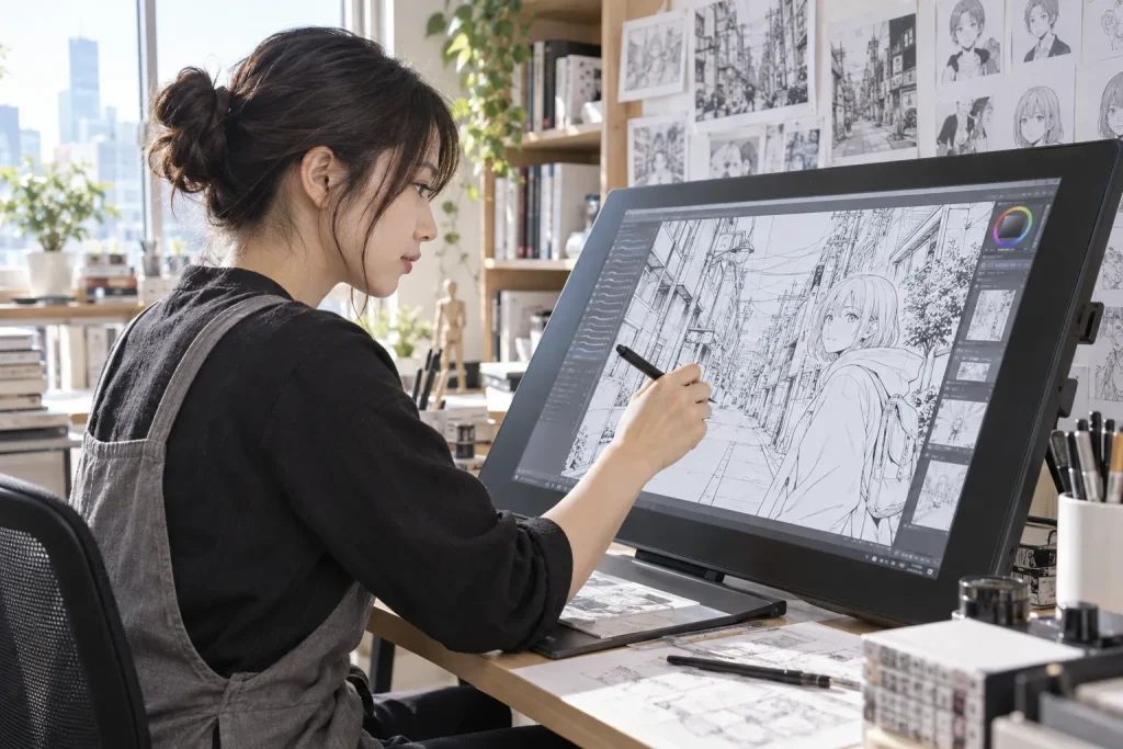 Manga assistant drawing an architectural background on a digital tablet while completed character line art remains visible