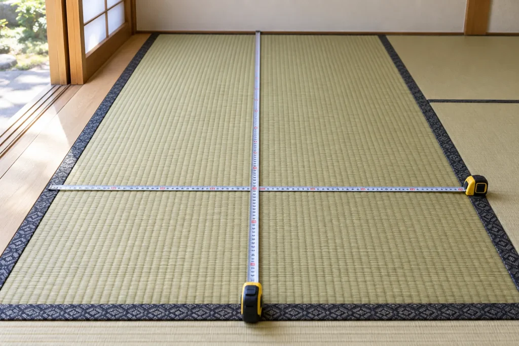 Measuring tape extended across one full-size tatami mat in an unfurnished Japanese room
