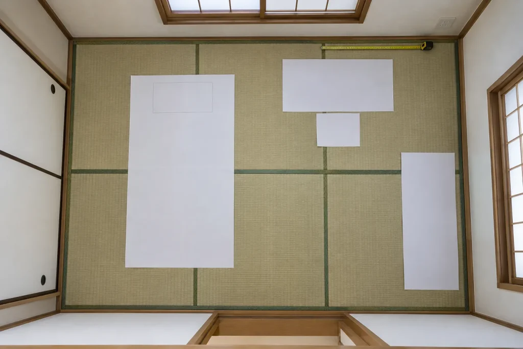 Unfurnished six-mat Japanese room with a measuring tape and compact furniture templates placed on the floor