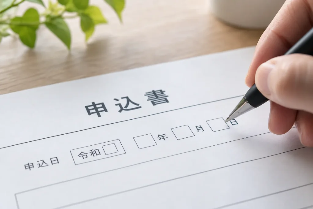 A Japanese application form with a visible Reiwa era selector and year, month, and day boxes