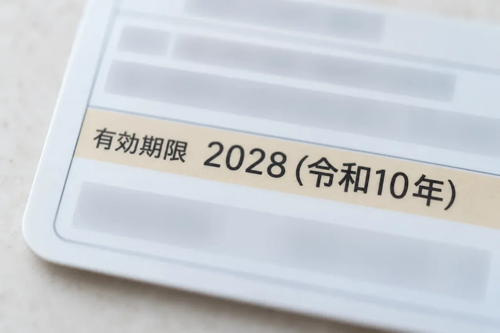 Close view of a Japanese driver’s-license expiration field showing Western and era years together, with personal data obscured
