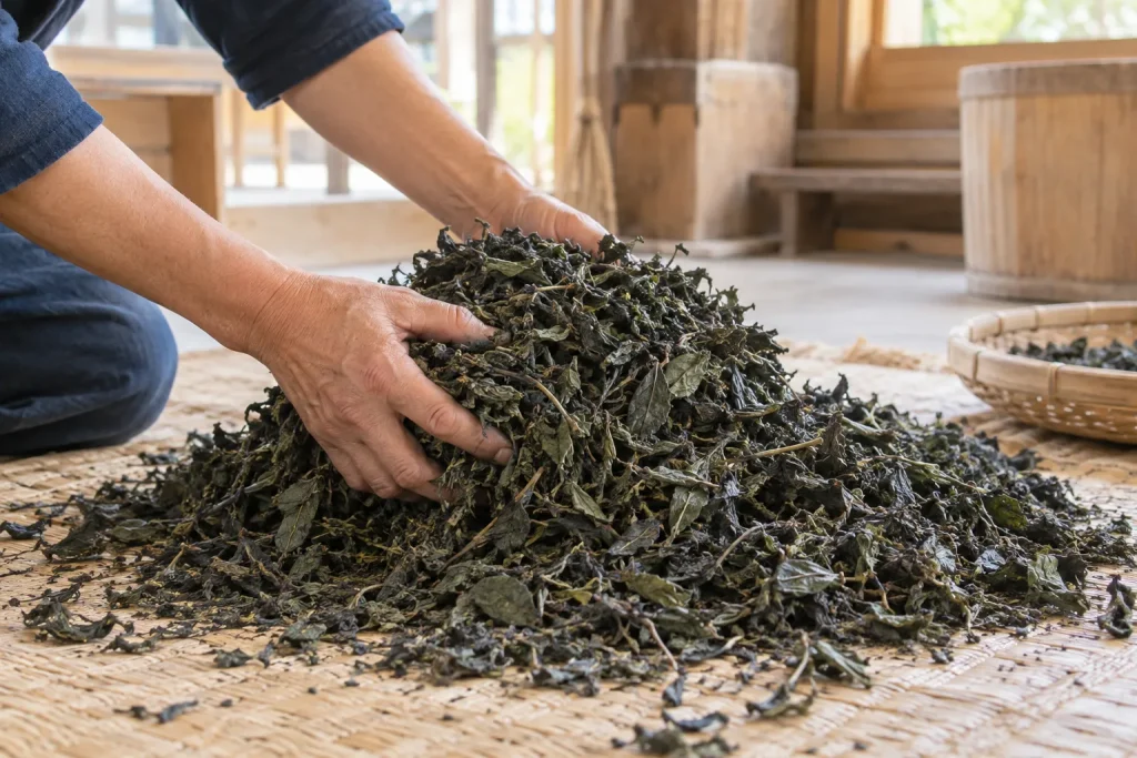 Dried Japanese indigo leaves being gathered for the sukumo composting stage