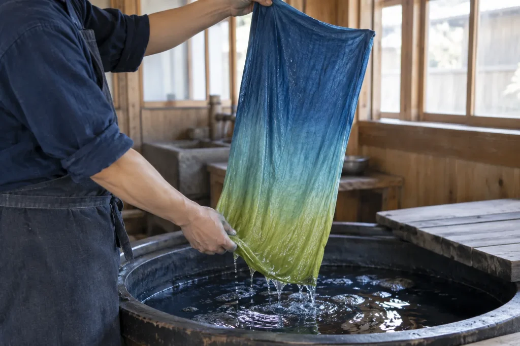 White cloth changing from yellow-green to blue while oxidizing above a natural indigo vat